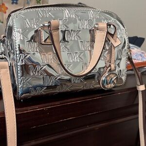 Michael Kors Silver Metallic Mini Satchel with Beige Trim